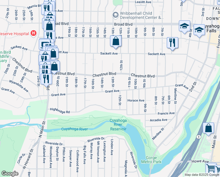 map of restaurants, bars, coffee shops, grocery stores, and more near 1312 Grant Avenue in Cuyahoga Falls