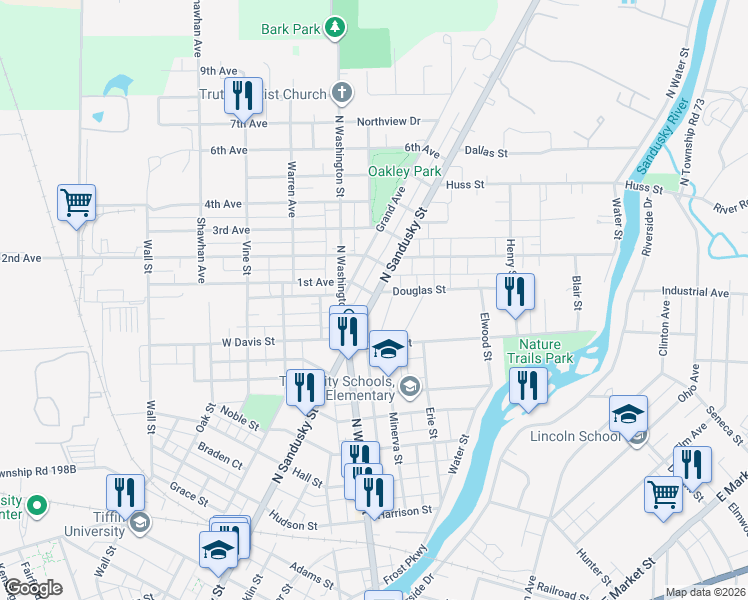 map of restaurants, bars, coffee shops, grocery stores, and more near 318 North Sandusky Street in Tiffin