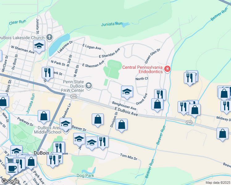 map of restaurants, bars, coffee shops, grocery stores, and more near 425 Orient Avenue in DuBois