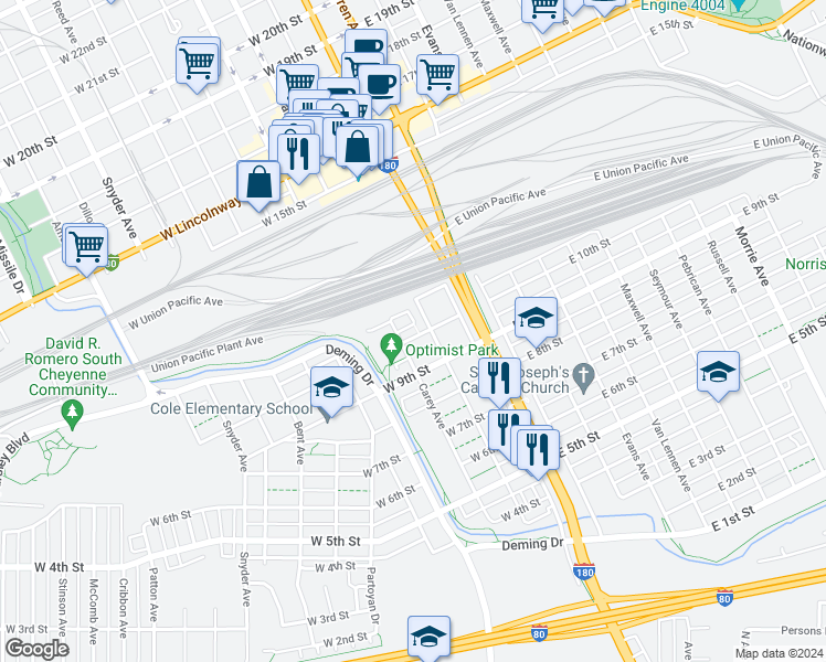 map of restaurants, bars, coffee shops, grocery stores, and more near 215 Hacienda Court in Cheyenne