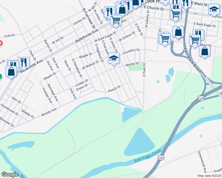 map of restaurants, bars, coffee shops, grocery stores, and more near 230 Peach Street in Lock Haven