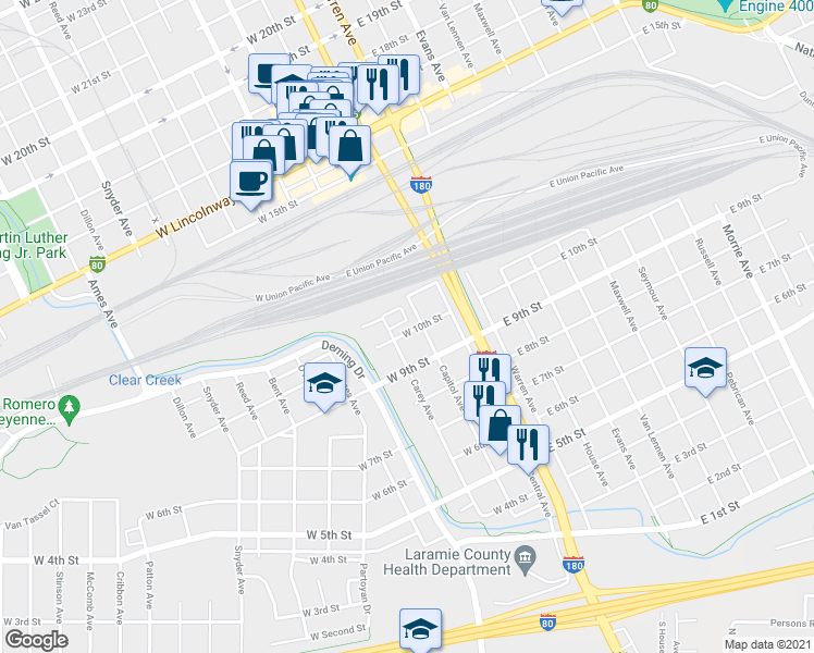 map of restaurants, bars, coffee shops, grocery stores, and more near 211 Hacienda Court in Cheyenne
