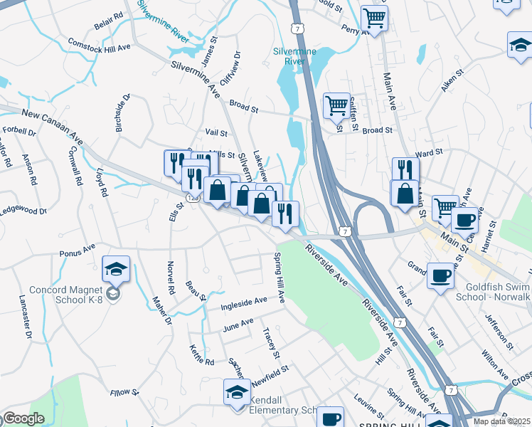 map of restaurants, bars, coffee shops, grocery stores, and more near 76 Connecticut 123 in Norwalk
