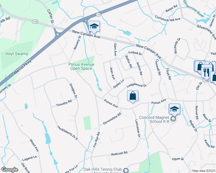 map of restaurants, bars, coffee shops, grocery stores, and more near 12 Styles Lane in Norwalk