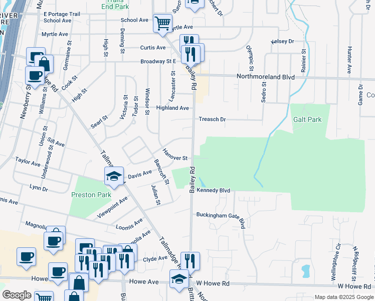 map of restaurants, bars, coffee shops, grocery stores, and more near 1619 Hanover Street in Cuyahoga Falls