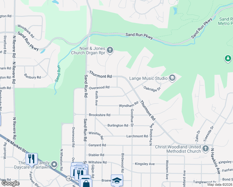 map of restaurants, bars, coffee shops, grocery stores, and more near 2042 Thornhill Drive in Akron