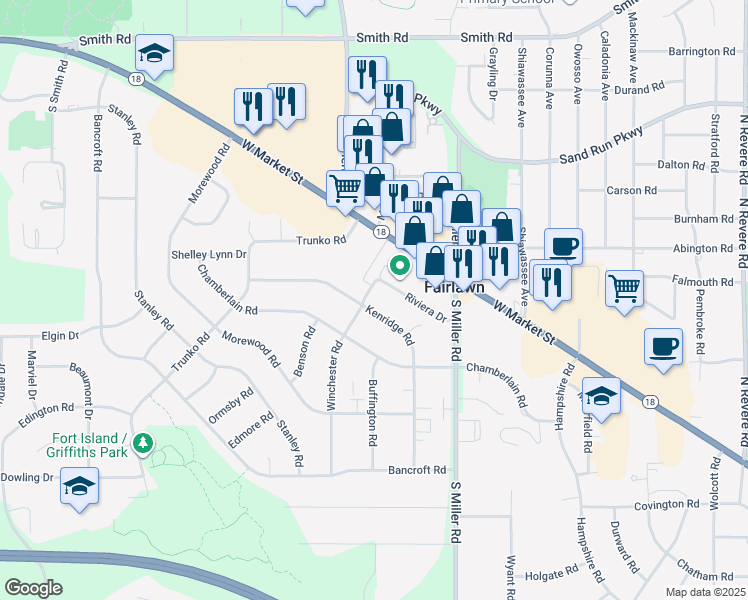 map of restaurants, bars, coffee shops, grocery stores, and more near 162 Kenridge Road in Fairlawn