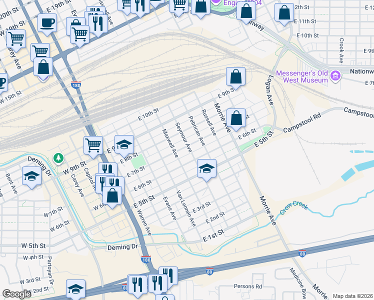 map of restaurants, bars, coffee shops, grocery stores, and more near 620 East 6th Street in Cheyenne