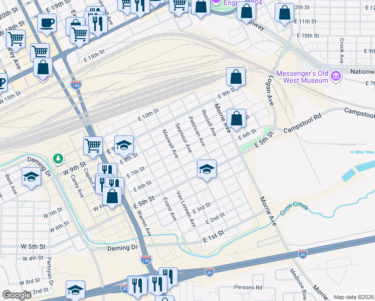 map of restaurants, bars, coffee shops, grocery stores, and more near 620 East 6th Street in Cheyenne