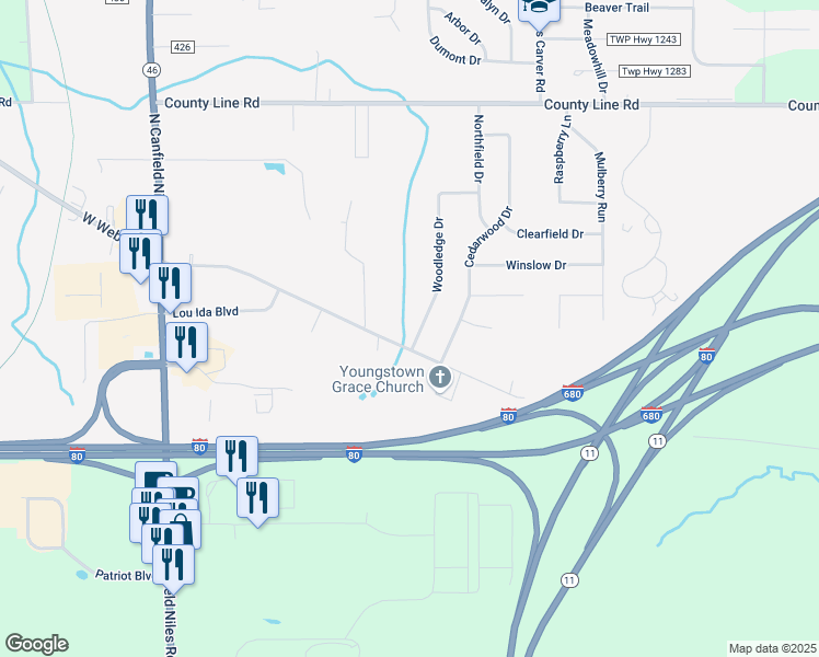 map of restaurants, bars, coffee shops, grocery stores, and more near 5294 West Webb Road in Youngstown