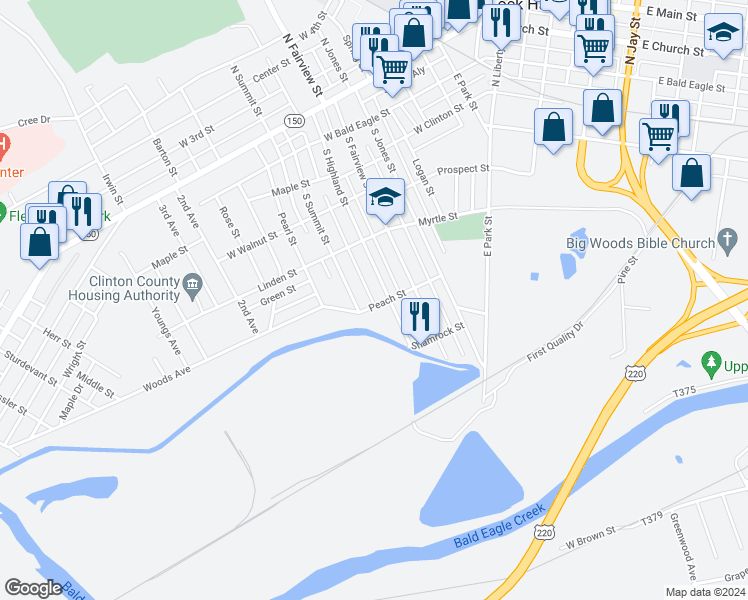 map of restaurants, bars, coffee shops, grocery stores, and more near 211 Peach Street in Lock Haven