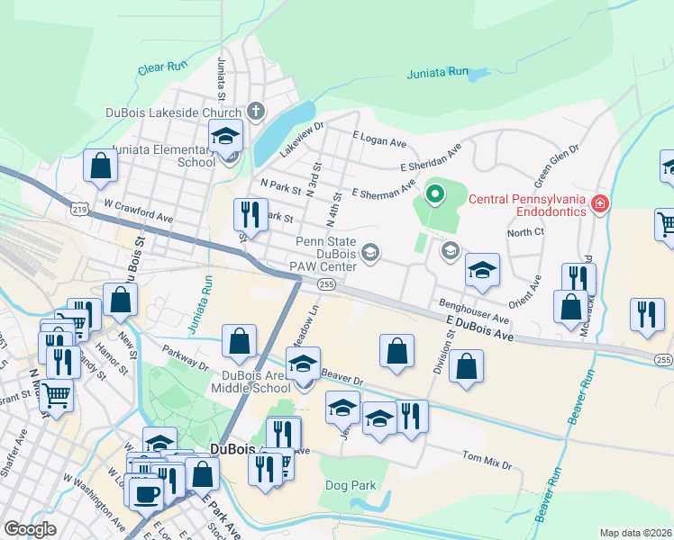 map of restaurants, bars, coffee shops, grocery stores, and more near in DuBois