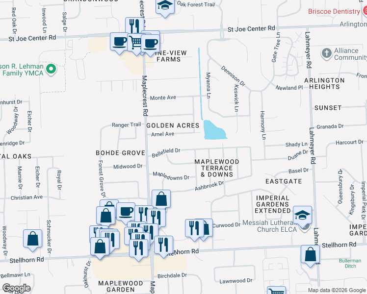 map of restaurants, bars, coffee shops, grocery stores, and more near 6505 Bellefield Drive in Fort Wayne