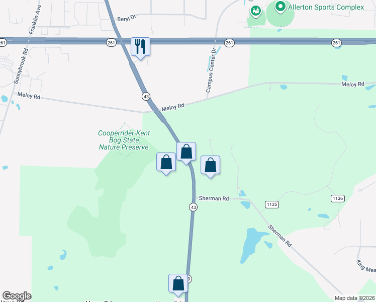 map of restaurants, bars, coffee shops, grocery stores, and more near 5054 Ohio 43 in Kent