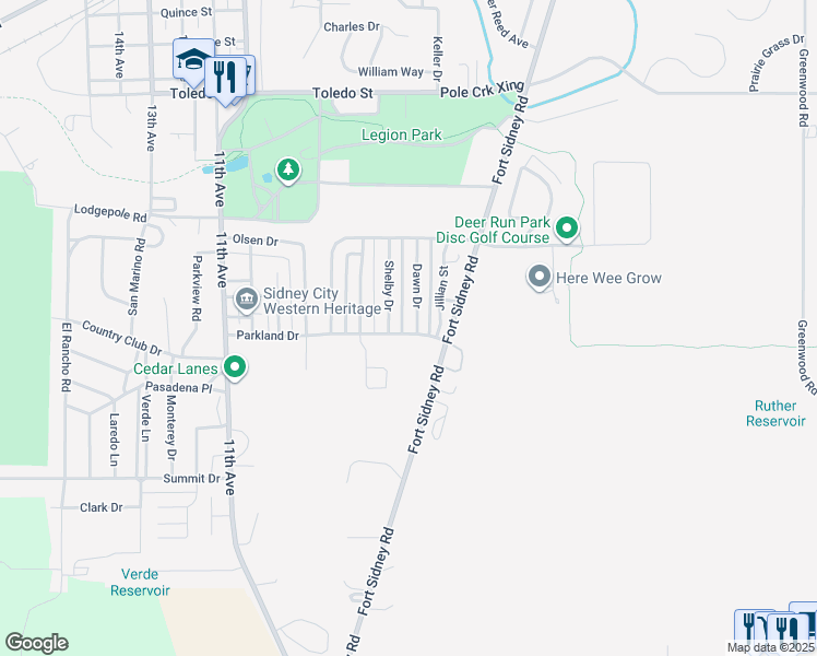 map of restaurants, bars, coffee shops, grocery stores, and more near Parkland Drive in Sidney