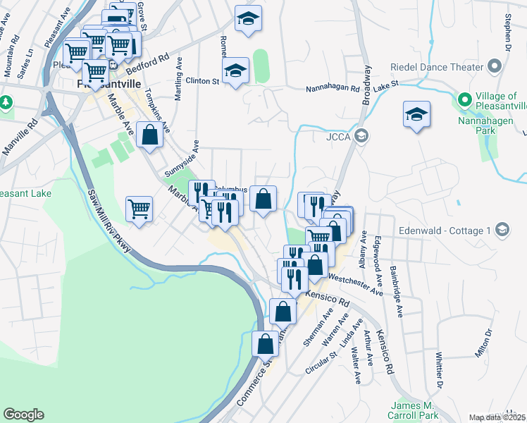 map of restaurants, bars, coffee shops, grocery stores, and more near 17 Madison Avenue in Pleasantville