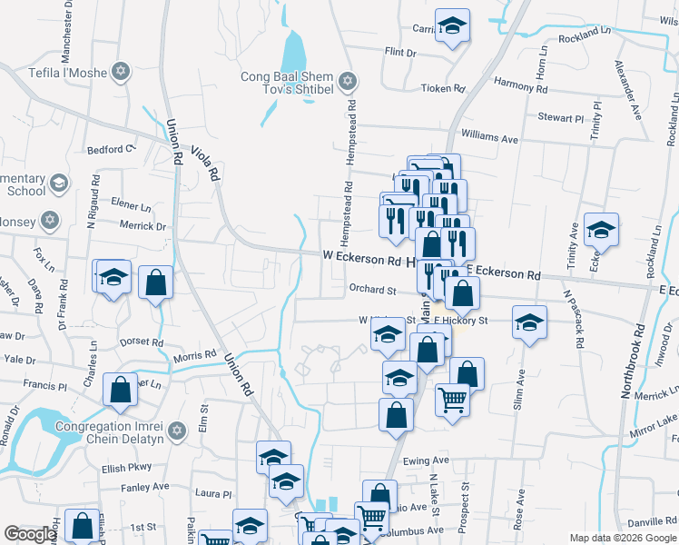 map of restaurants, bars, coffee shops, grocery stores, and more near 8 South Oak Street in Spring Valley