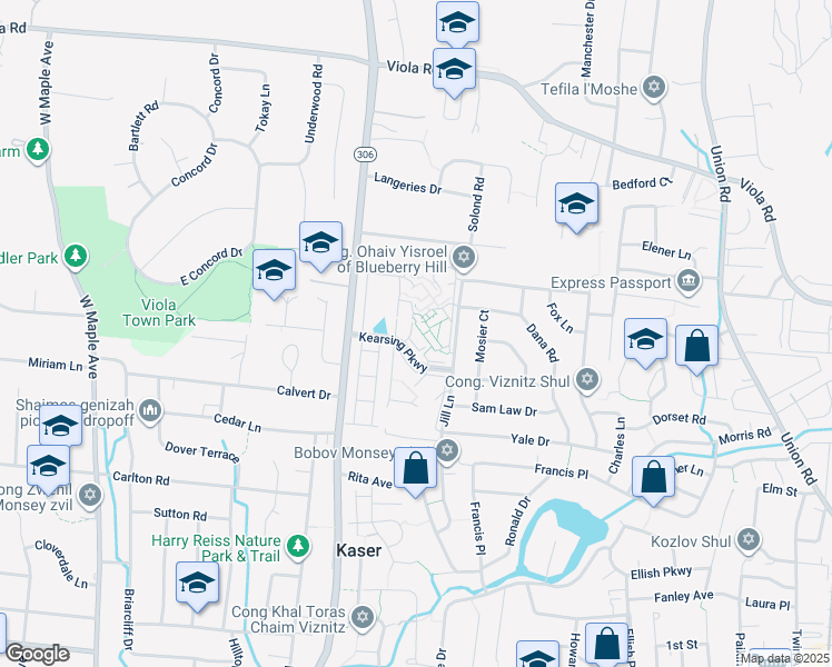 map of restaurants, bars, coffee shops, grocery stores, and more near 15 Kearsing Parkway in Monsey