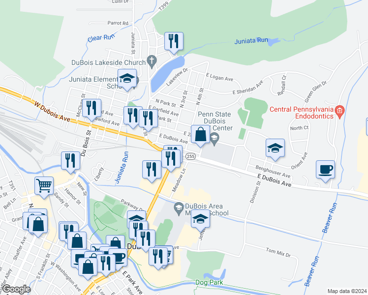 map of restaurants, bars, coffee shops, grocery stores, and more near 400-498 E DuBois Ave in DuBois