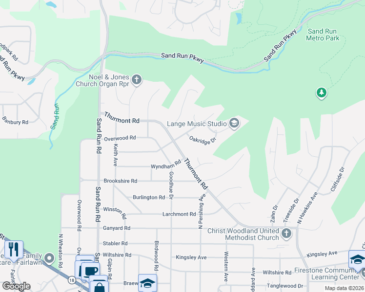map of restaurants, bars, coffee shops, grocery stores, and more near 2424 Thurmont Road in Akron