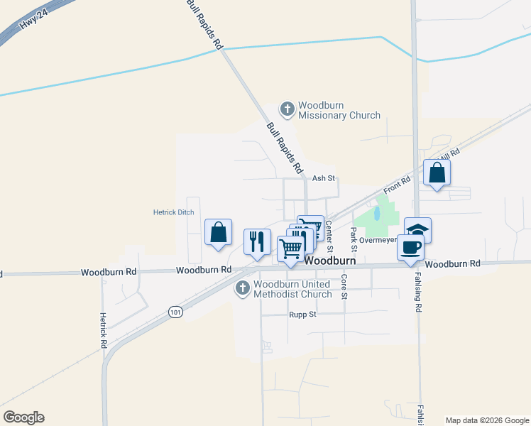 map of restaurants, bars, coffee shops, grocery stores, and more near 4610 Lynnwood Street in Woodburn
