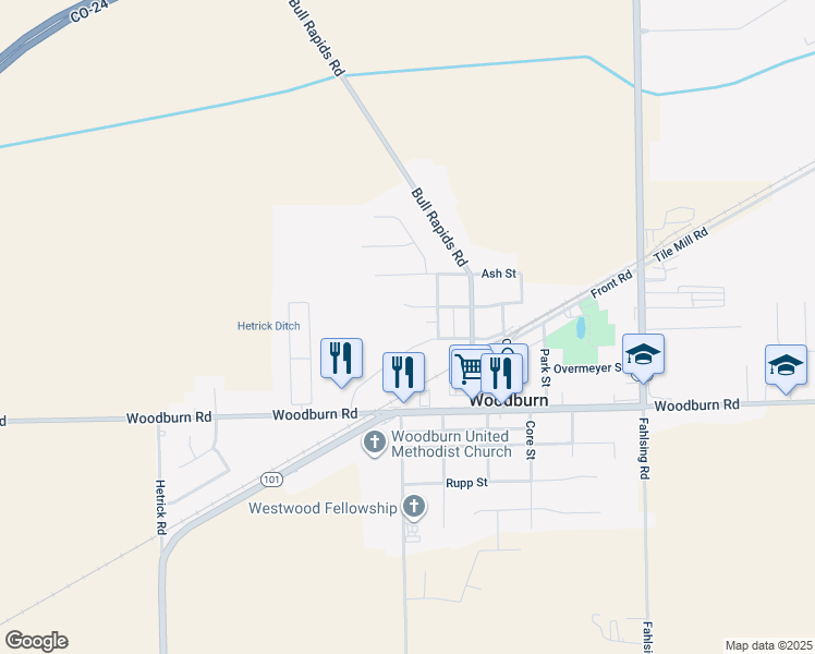 map of restaurants, bars, coffee shops, grocery stores, and more near 22102 Maple Court in Woodburn
