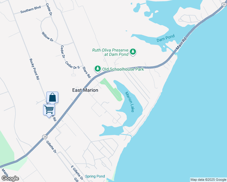 map of restaurants, bars, coffee shops, grocery stores, and more near 195 Cemetery Road in East Marion