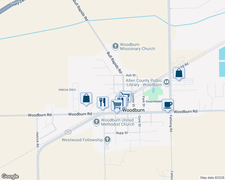 map of restaurants, bars, coffee shops, grocery stores, and more near 4610 Lynnwood Street in Woodburn