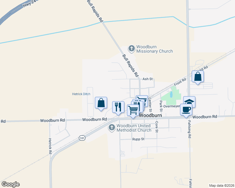 map of restaurants, bars, coffee shops, grocery stores, and more near 22102 Maple Court in Woodburn