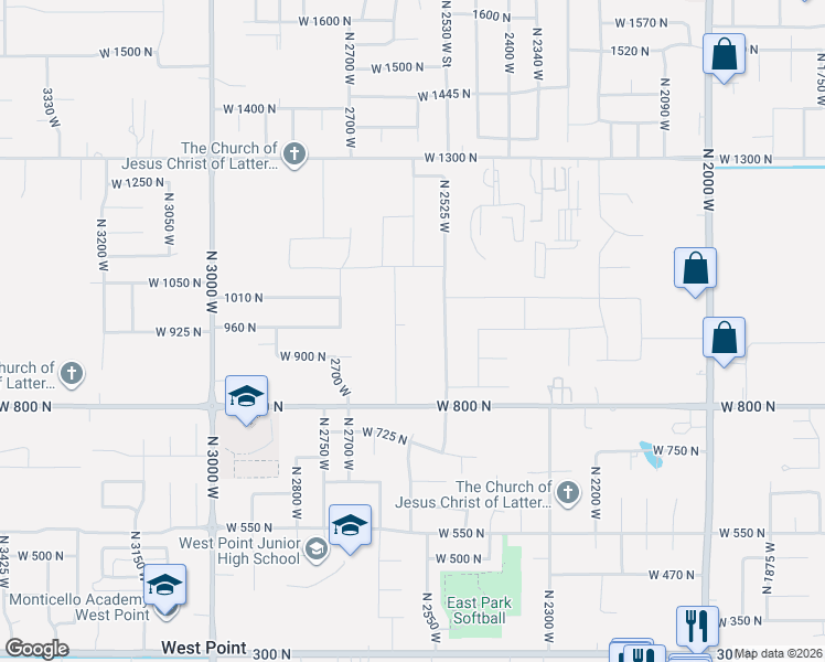 map of restaurants, bars, coffee shops, grocery stores, and more near 923 North 2525 West in Clinton
