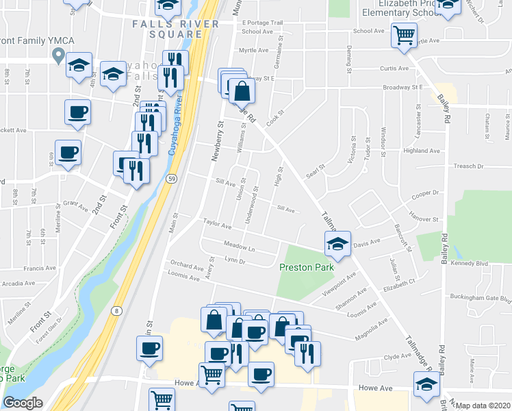 map of restaurants, bars, coffee shops, grocery stores, and more near 1677 Underwood Street in Cuyahoga Falls