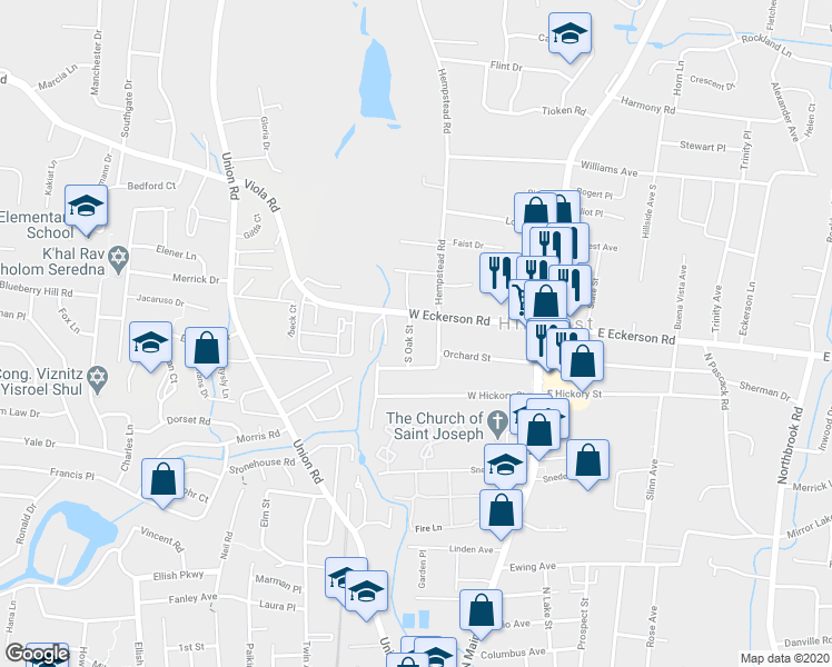 map of restaurants, bars, coffee shops, grocery stores, and more near 2 South Oak Street in Spring Valley