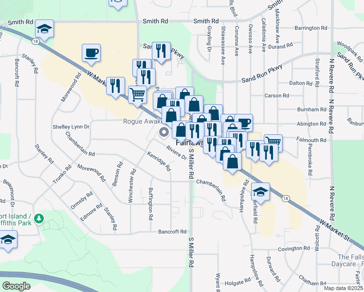 map of restaurants, bars, coffee shops, grocery stores, and more near 20 South Miller Road in Fairlawn