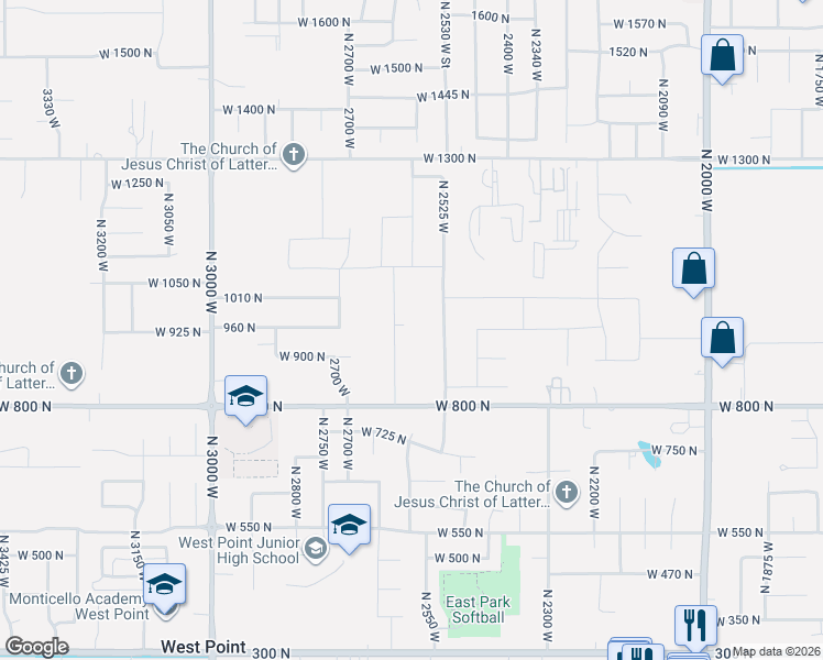map of restaurants, bars, coffee shops, grocery stores, and more near 923 North 2525 West in Clinton