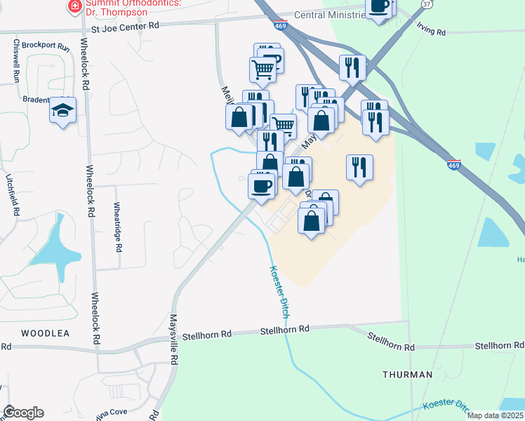 map of restaurants, bars, coffee shops, grocery stores, and more near 10120 Maysville Road in Fort Wayne