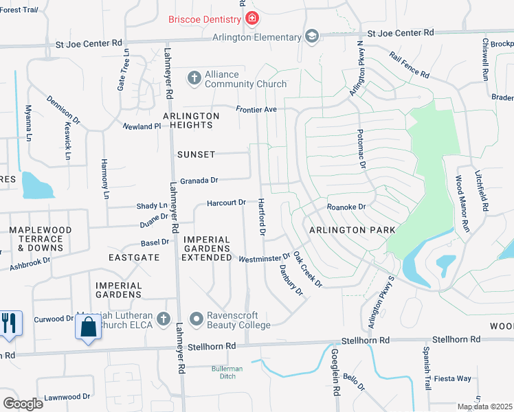 map of restaurants, bars, coffee shops, grocery stores, and more near 5003 Hartford Dr in Fort Wayne