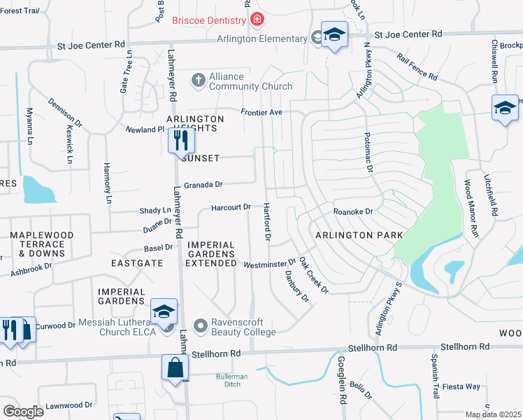 map of restaurants, bars, coffee shops, grocery stores, and more near 5003 Hartford Dr in Fort Wayne