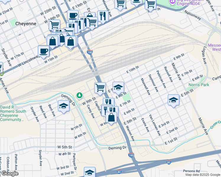 map of restaurants, bars, coffee shops, grocery stores, and more near 204 East 9th Street in Cheyenne