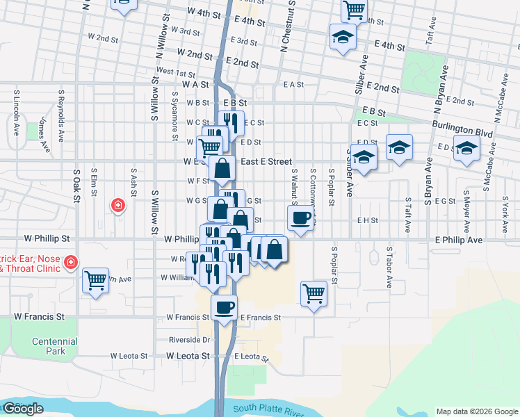 map of restaurants, bars, coffee shops, grocery stores, and more near 350-398 East H Street in North Platte
