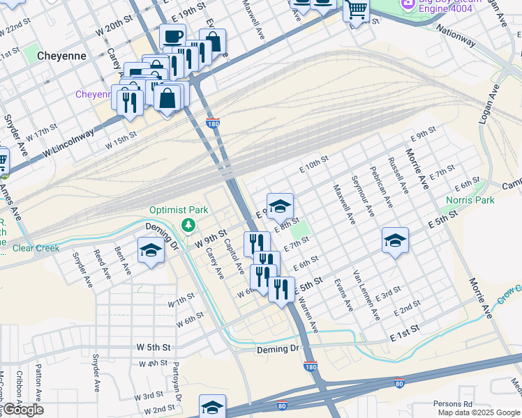 map of restaurants, bars, coffee shops, grocery stores, and more near 901 Warren Avenue in Cheyenne