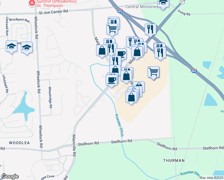 map of restaurants, bars, coffee shops, grocery stores, and more near 10104 Maysville Road in Fort Wayne