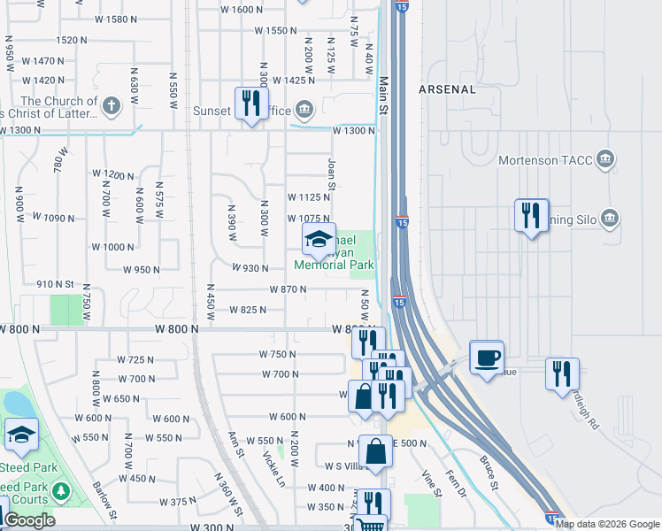 map of restaurants, bars, coffee shops, grocery stores, and more near 944 North 250 West in Sunset