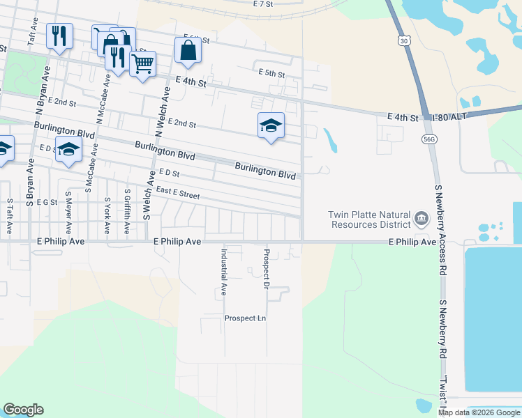 map of restaurants, bars, coffee shops, grocery stores, and more near 8th Street in North Platte
