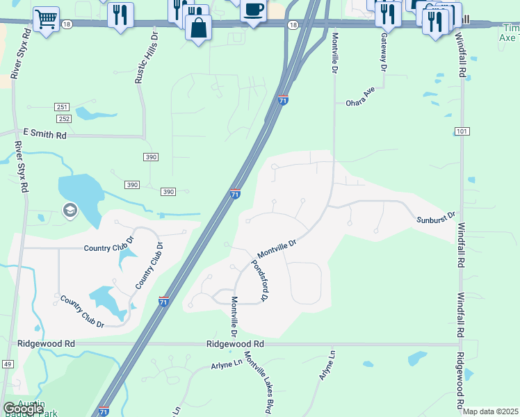 map of restaurants, bars, coffee shops, grocery stores, and more near 3048 West Creek Drive in Medina