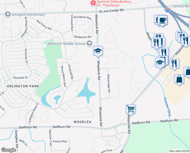 map of restaurants, bars, coffee shops, grocery stores, and more near 9206 Valley Forge Pl in Fort Wayne
