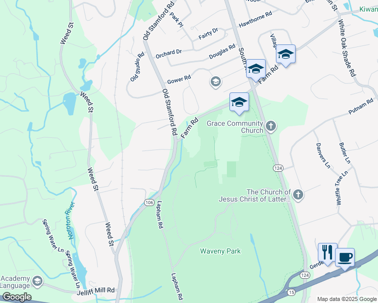 map of restaurants, bars, coffee shops, grocery stores, and more near 300-392 Old Stamford Rd in New Canaan
