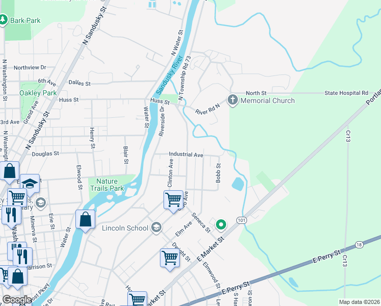 map of restaurants, bars, coffee shops, grocery stores, and more near 338 Ohio Avenue in Tiffin