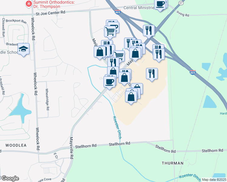 map of restaurants, bars, coffee shops, grocery stores, and more near 10120 Maysville Road in Fort Wayne