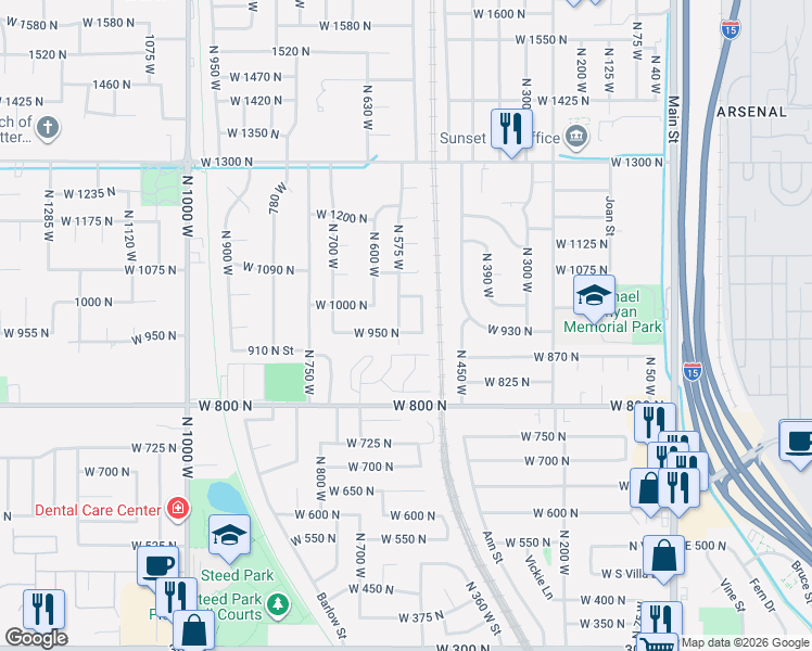 map of restaurants, bars, coffee shops, grocery stores, and more near 964 North 575 West in Clinton