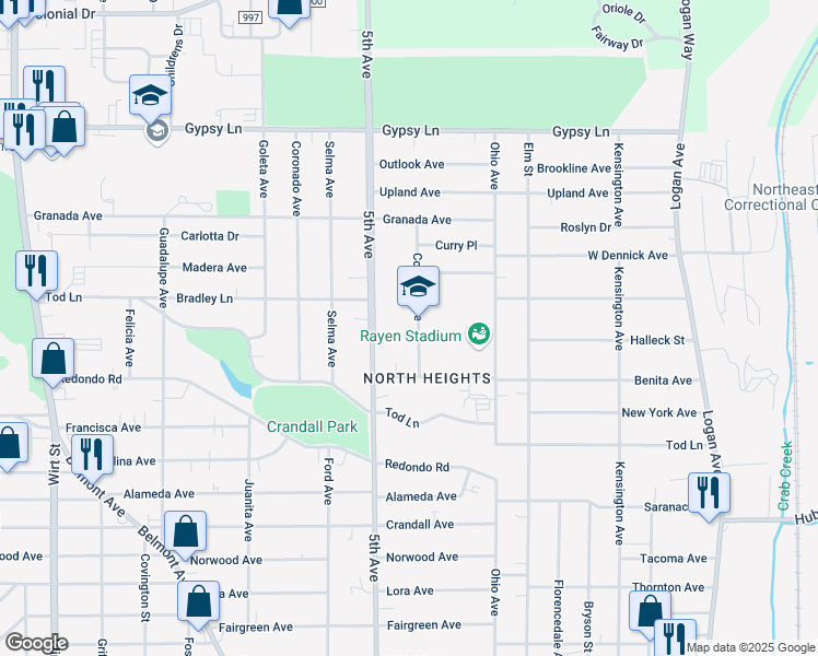 map of restaurants, bars, coffee shops, grocery stores, and more near 1878 Cordova Avenue in Youngstown
